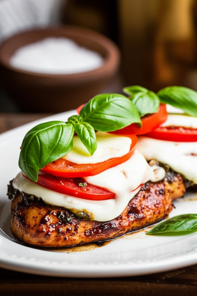 Finished Balsamic Chicken with Fresh Tomatoes, Mozzarella, and Basil