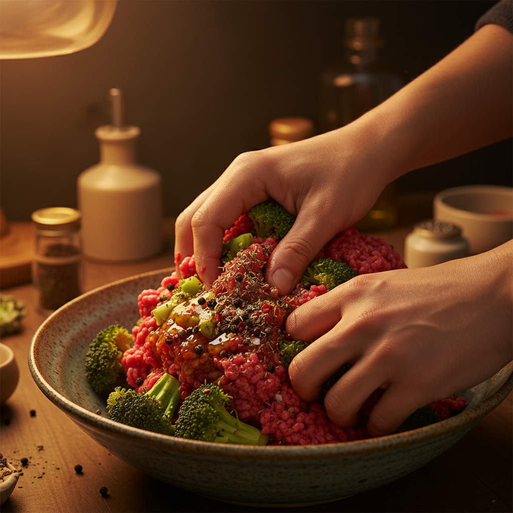 Ground beef and garlic cooking in skillet