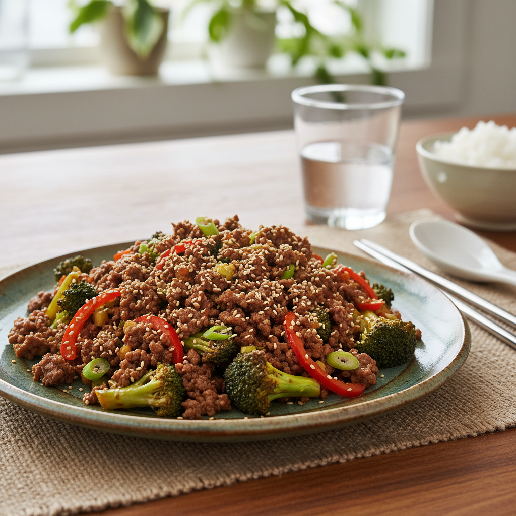 Finished Ground Beef and Broccoli Stir Fry ready to serve
