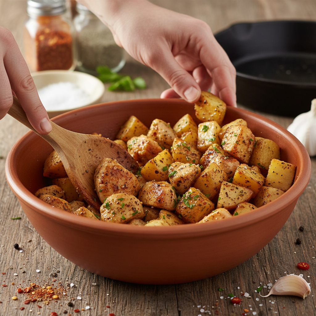 Browning chicken pieces in skillet