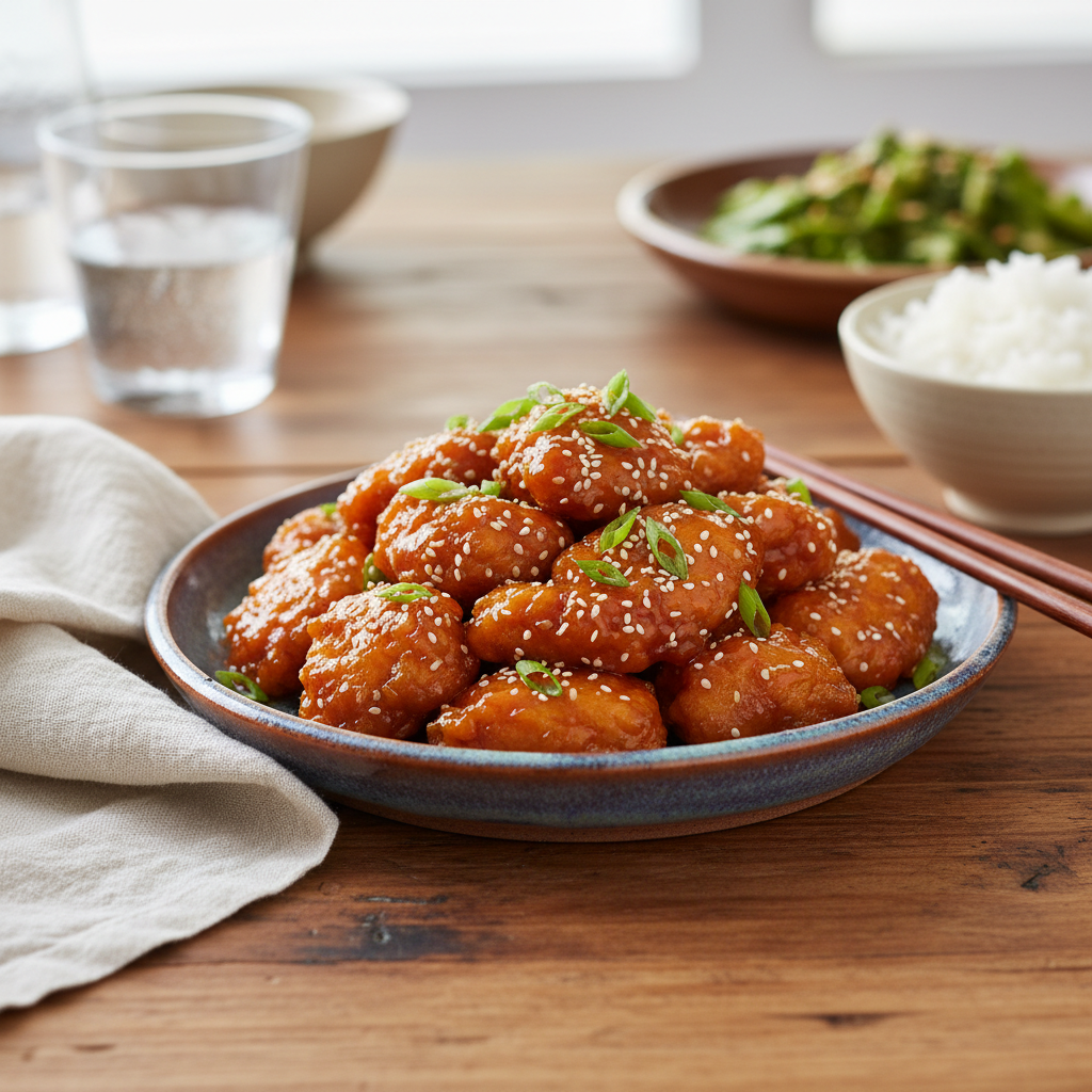 Plated slow cooker orange chicken served with rice and vegetables