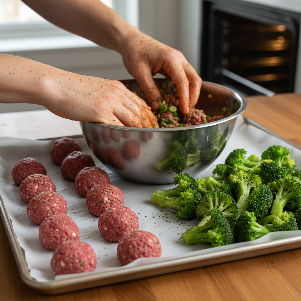 Mixing and preparing Mongolian meatballs and broccoli
