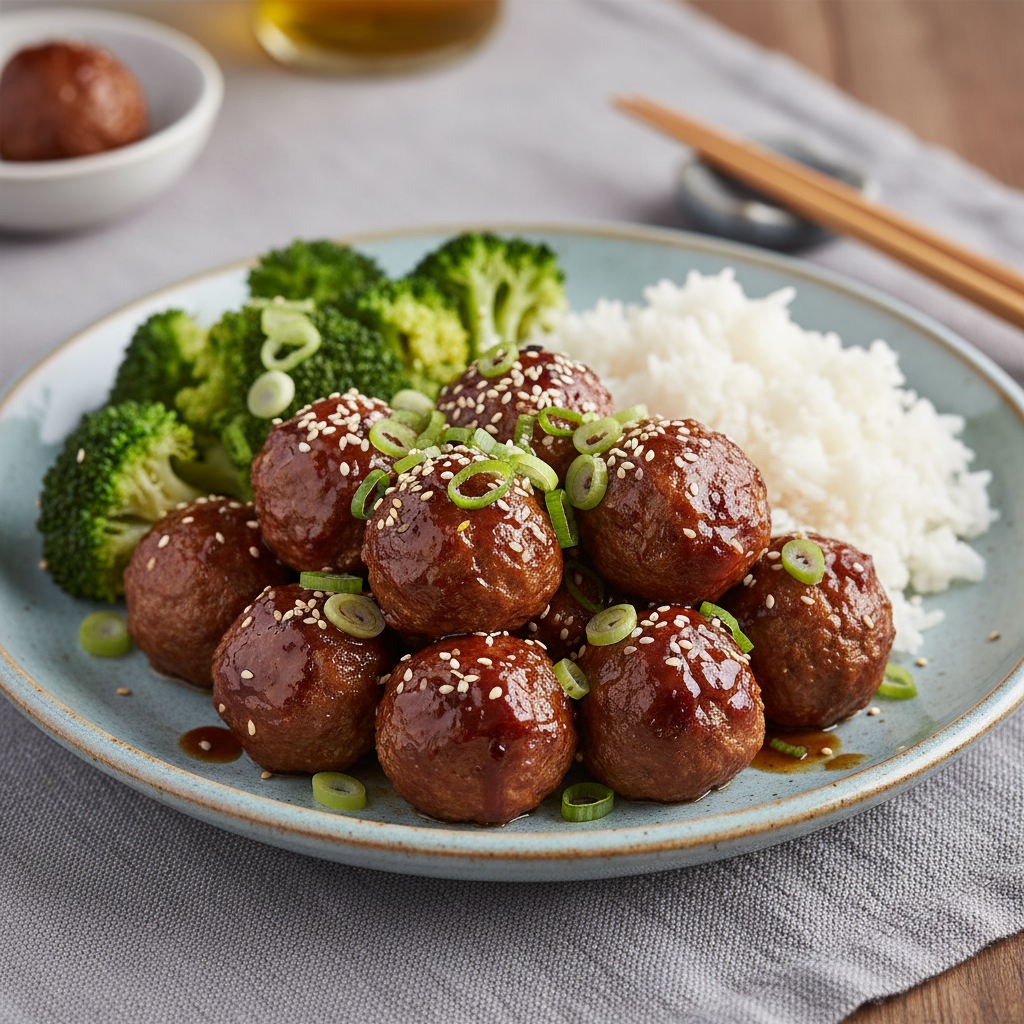 Sticky Mongolian Meatballs served with rice and broccoli